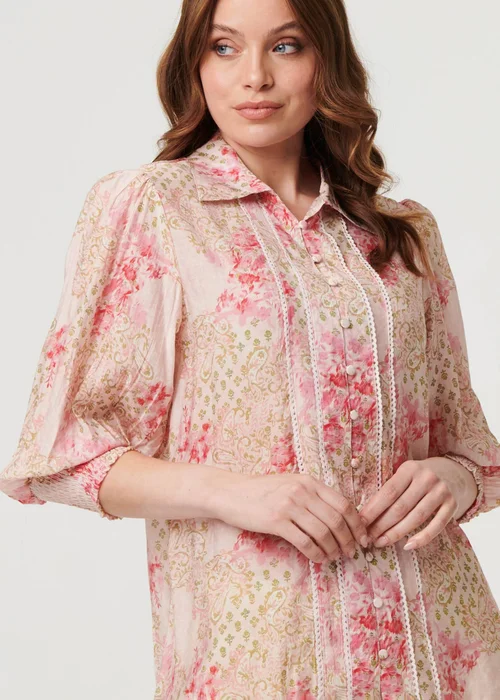 Izabel London Pink Floral Lace Trim 3/4 Puff Sleeve Shirt - 16 Image 3