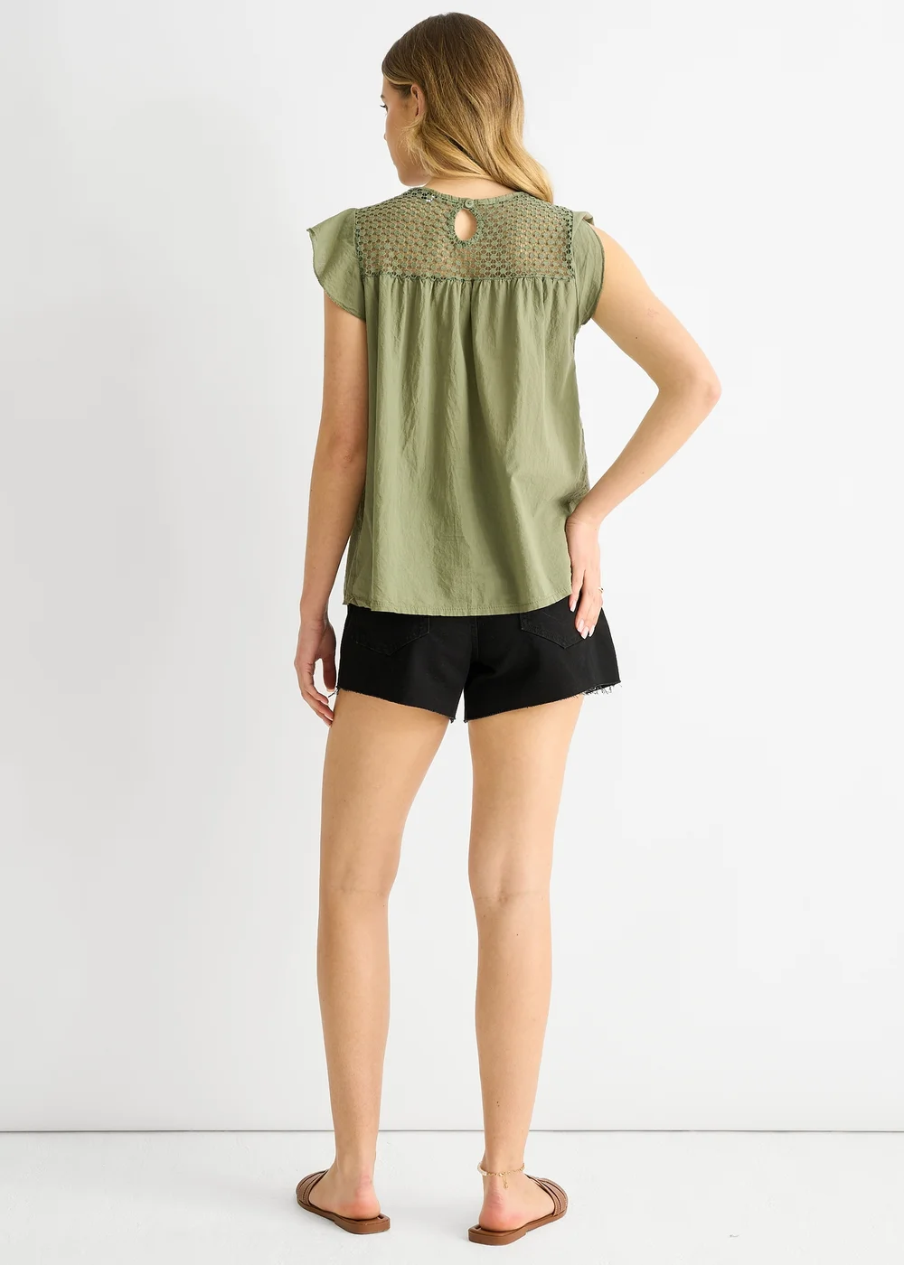 Gini London Khaki Crochet Panel Viscose Loose Fit Top - S/M Image 2