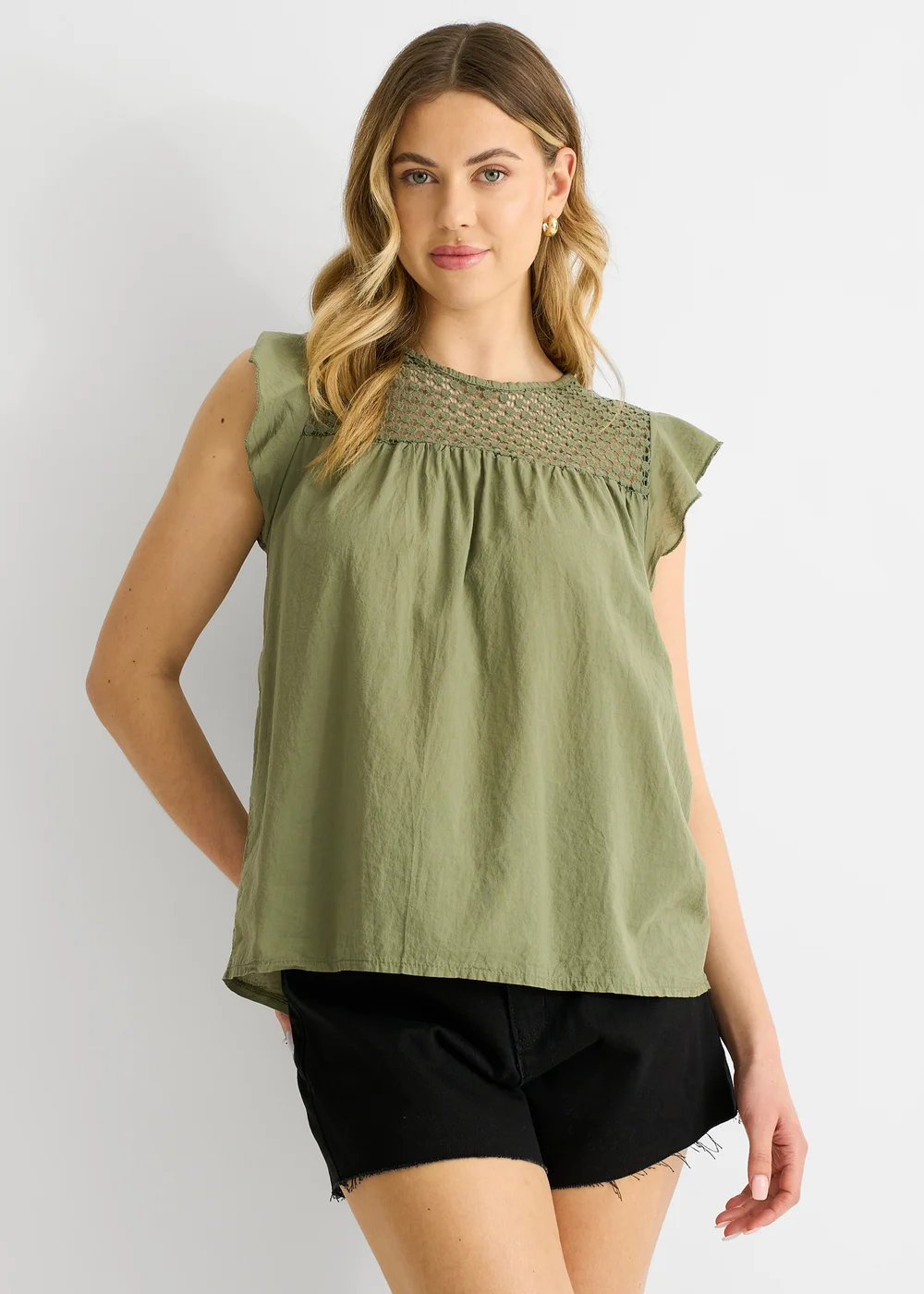 Gini London Khaki Crochet Panel Viscose Loose Fit Top - S/M Image 3