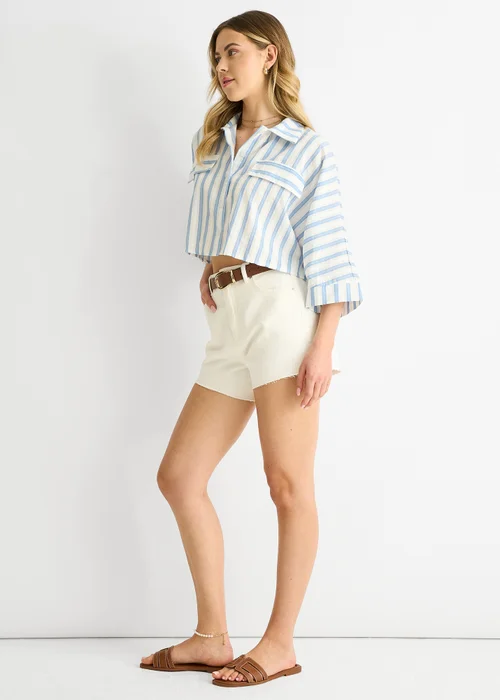 Gini London Blue Stripe Cotton Oversized Crop Shirt - L/XL Image 4