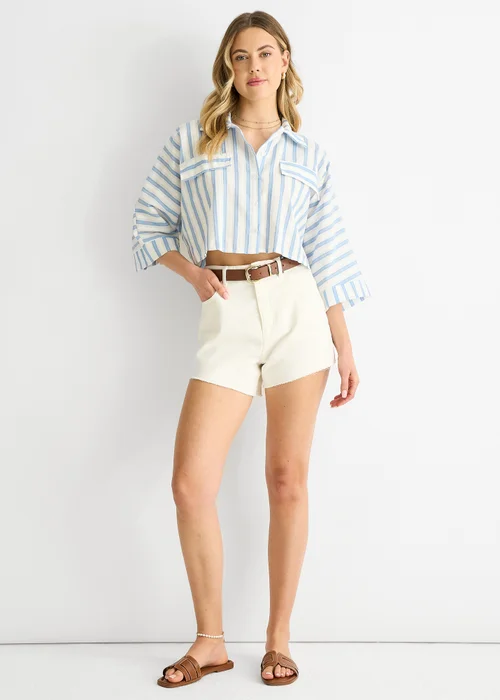 Gini London Blue Stripe Cotton Oversized Crop Shirt - L/XL Image 1