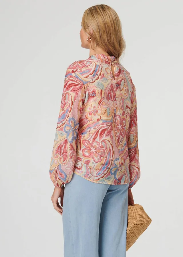 Izabel London Pink Abstract Long Sleeve Relaxed Blouse