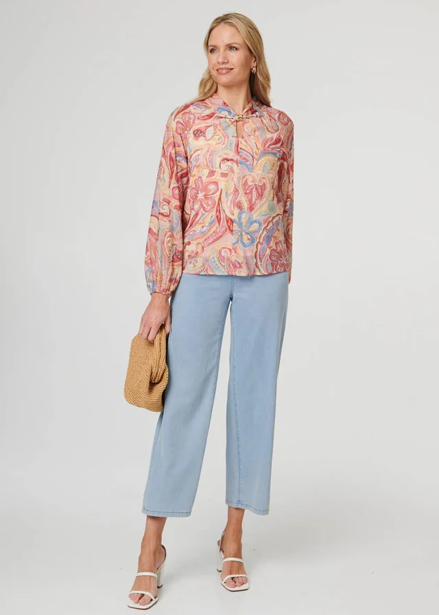 Izabel London Pink Abstract Long Sleeve Relaxed Blouse