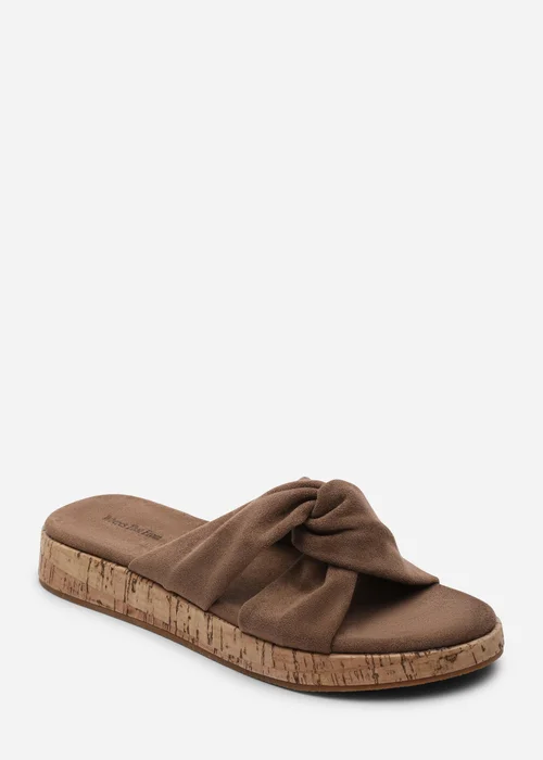 Where's That From Bowtie Knotted Open Toe Camel Faux Suede Low Wedge Sandal - 7 Image 3