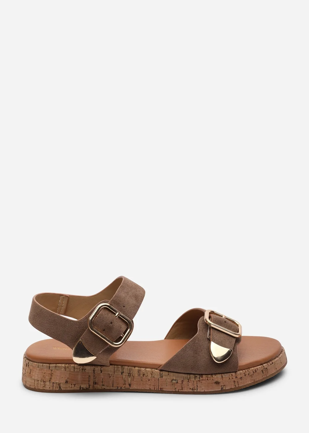 Where's That From Iridia Double Buckle Camel Suede Low Wedge Sandal - 4 Image 2