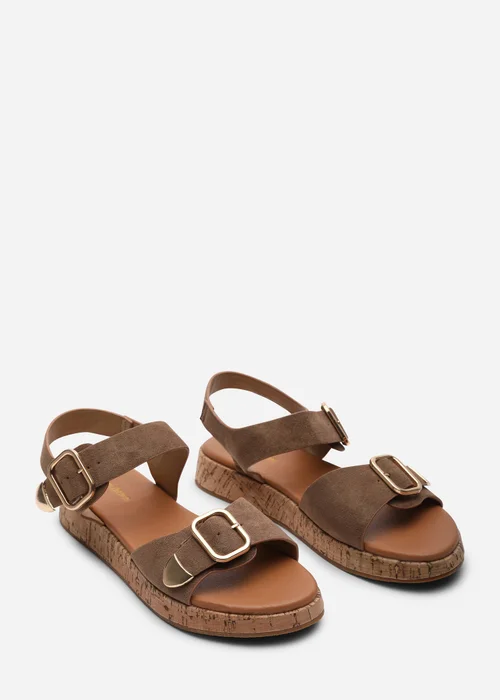 Where's That From Iridia Double Buckle Camel Suede Low Wedge Sandal - 4 Image 4