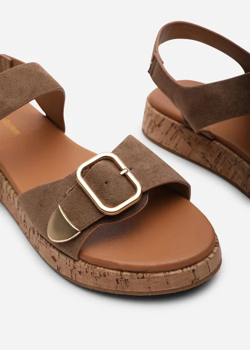 Where's That From Iridia Double Buckle Camel Suede Low Wedge Sandal - 4 Image 5