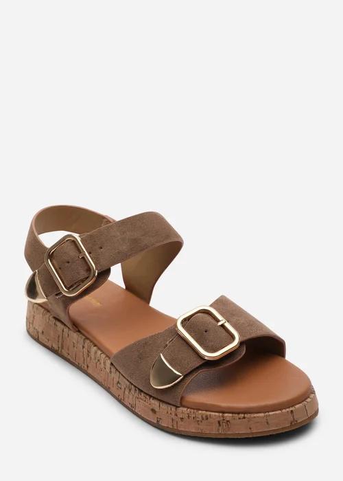 Where's That From Iridia Double Buckle Camel Suede Low Wedge Sandal - 4 Image 3