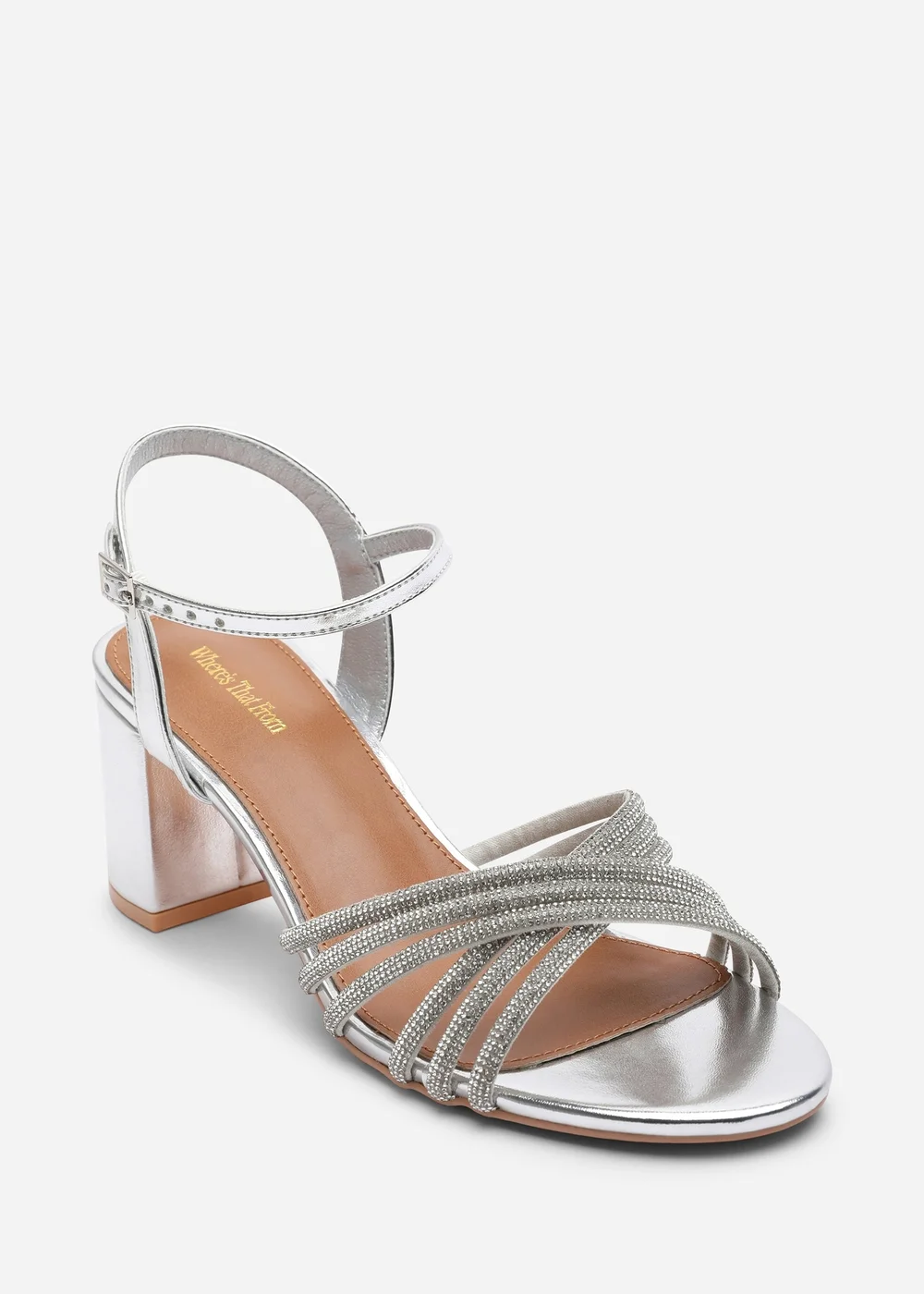 Where's That From Bellini Cross Over Diamante Strap Silver Metallic Block Heel Sandals - 4 Image 4
