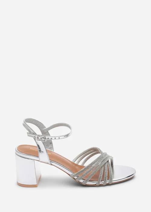 Where's That From Bellini Cross Over Diamante Strap Silver Metallic Block Heel Sandals - 4 Image 3