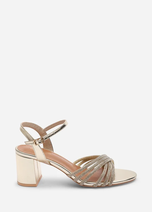 Where's That From Bellini Cross Over Diamante Strap Gold Metallic Block Heel Sandals