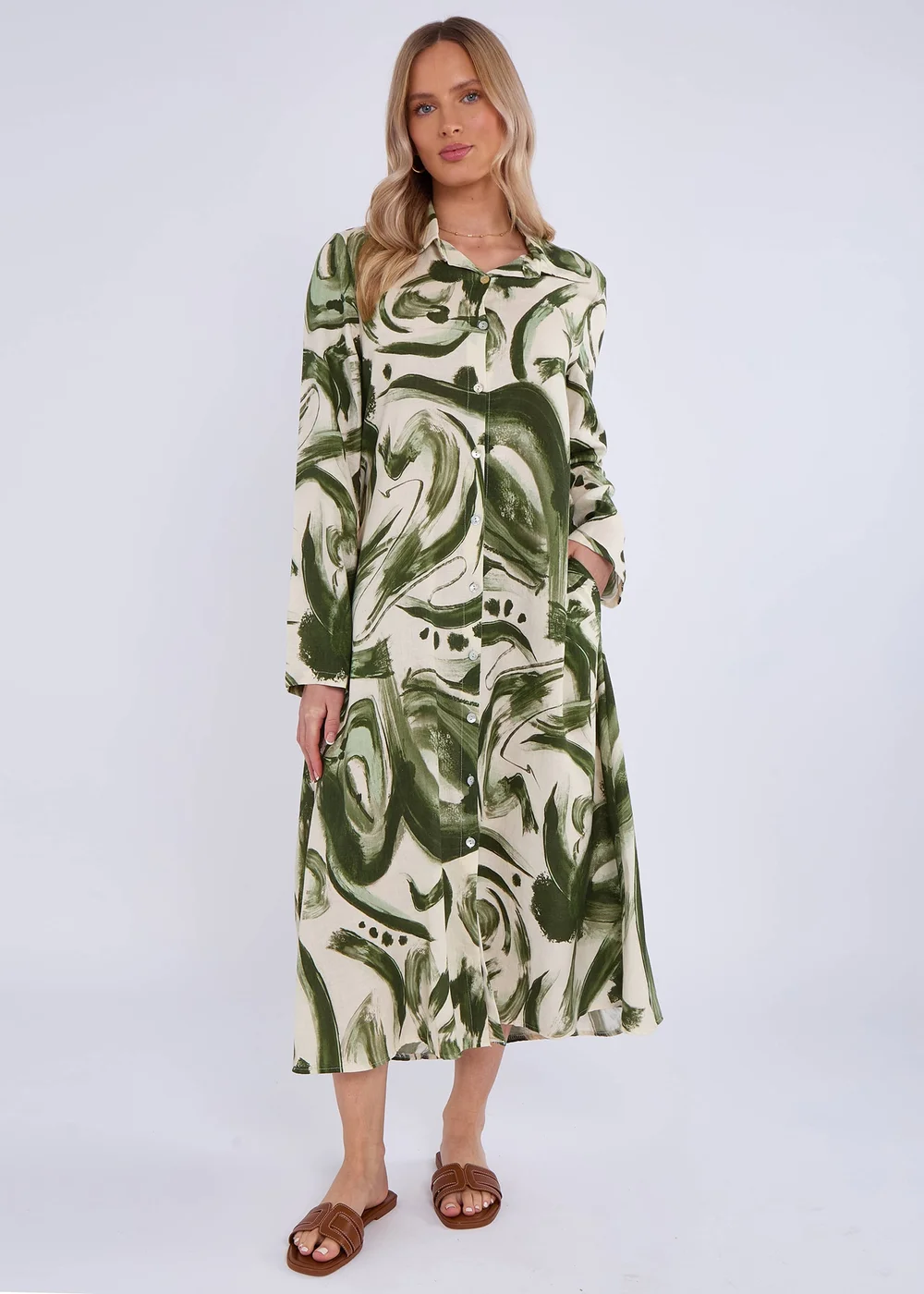 Gini London Military Green Linen Pocket Detail Shirt Midi Dress - S/M Image 1