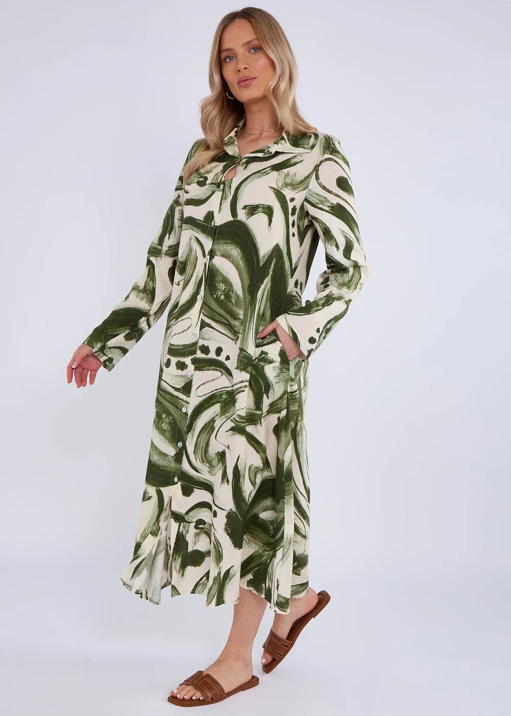 Gini London Military Green Linen Pocket Detail Shirt Midi Dress - S/M Image 4