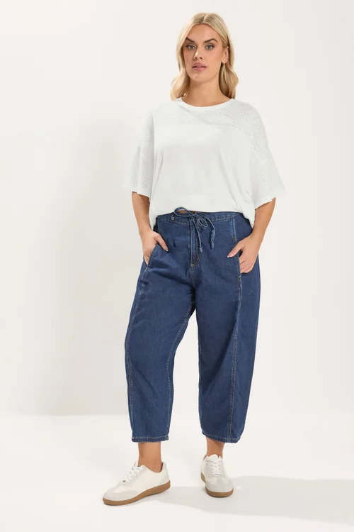 Yours Curve Mid Blue Crop Barrel Jeans - 30-32 Image 1