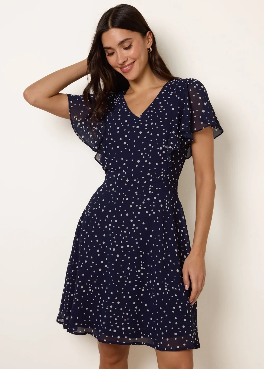 Blue Vanilla Navy Polka Dot V Neck Tie Back Mini Dress - 10 Image 1
