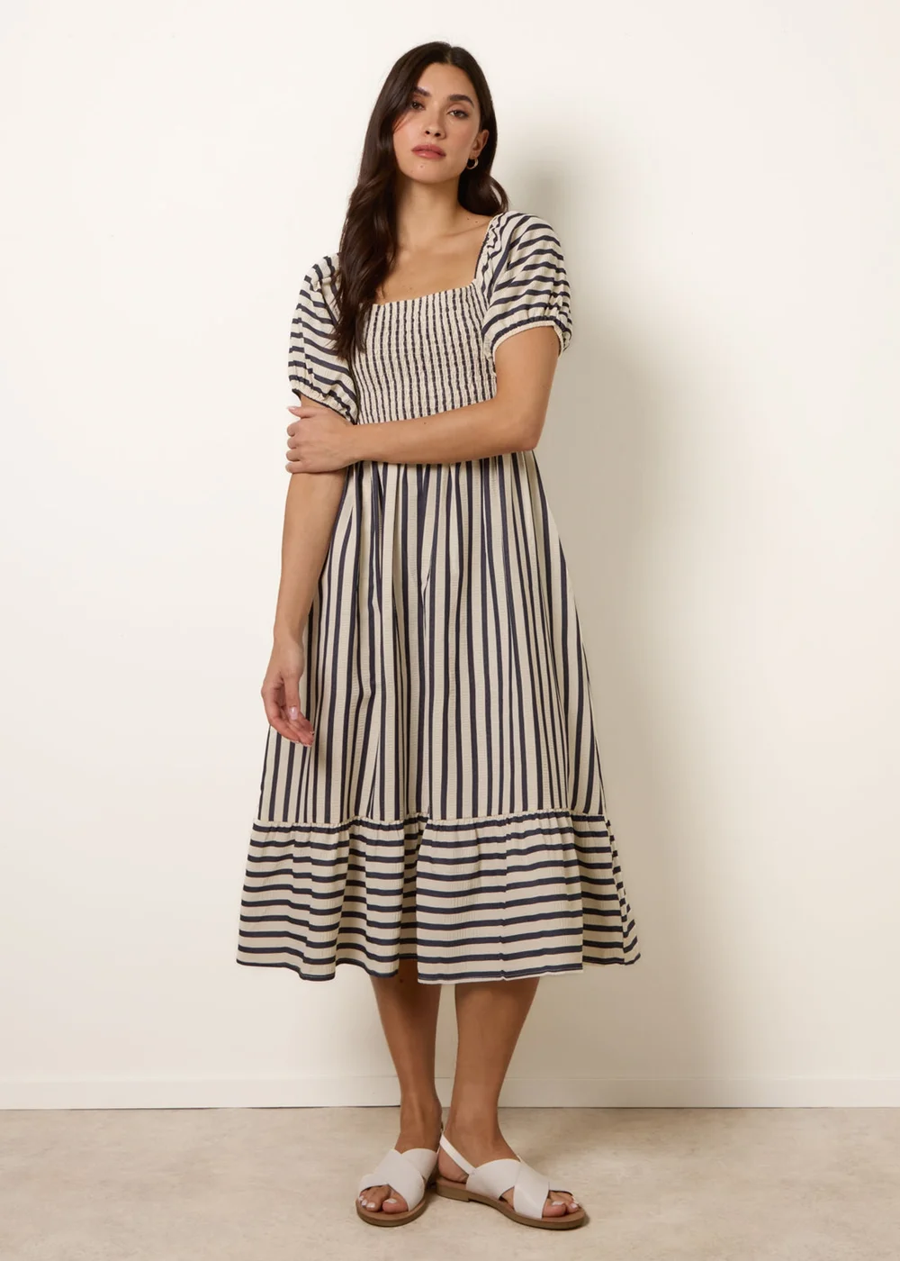 Blue Vanilla Blue Square Neck Puff Sleeve Stripe Midi Dress - L Image 5