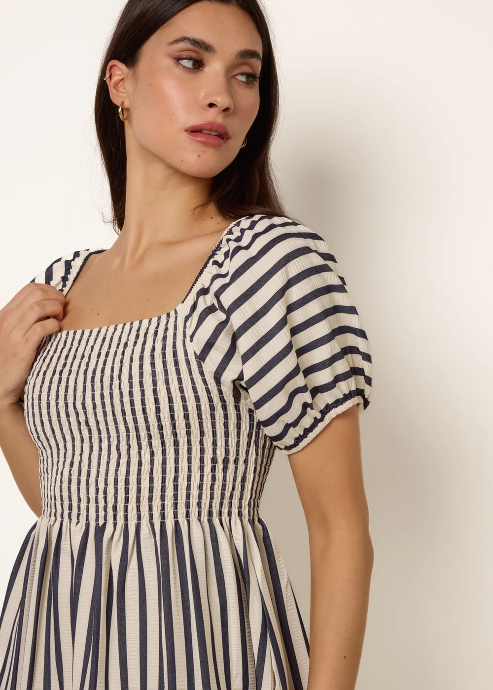 Blue Vanilla Blue Square Neck Puff Sleeve Stripe Midi Dress - L Image 4