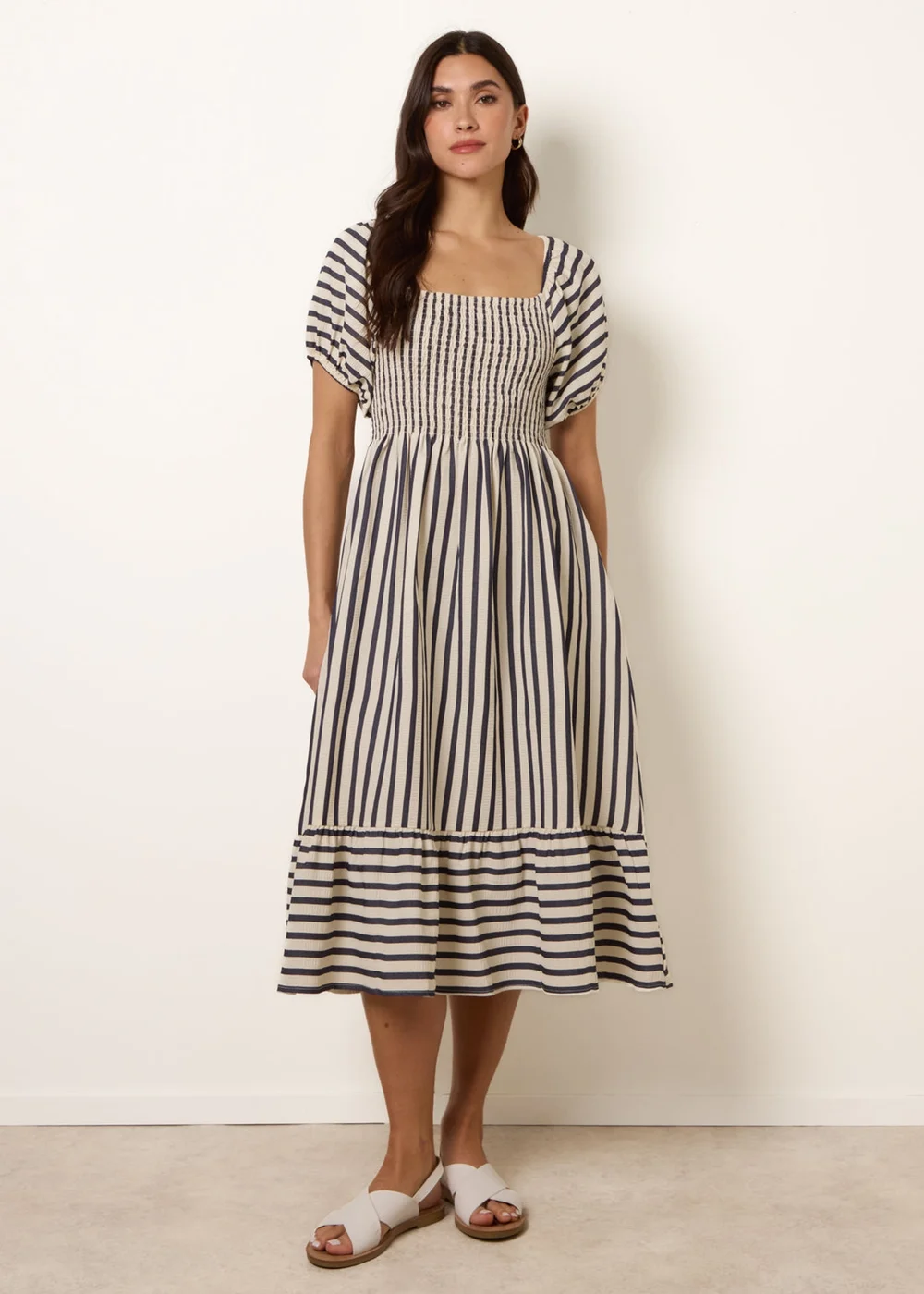 Blue Vanilla Blue Square Neck Puff Sleeve Stripe Midi Dress - L Image 3