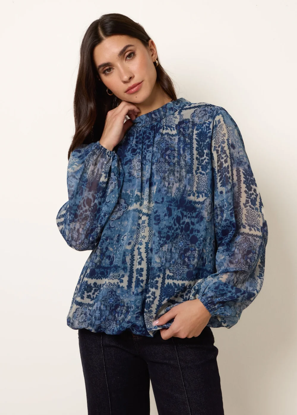 Blue Vanilla Navy High Neck Paisley Print Puffball Top - S Image 1