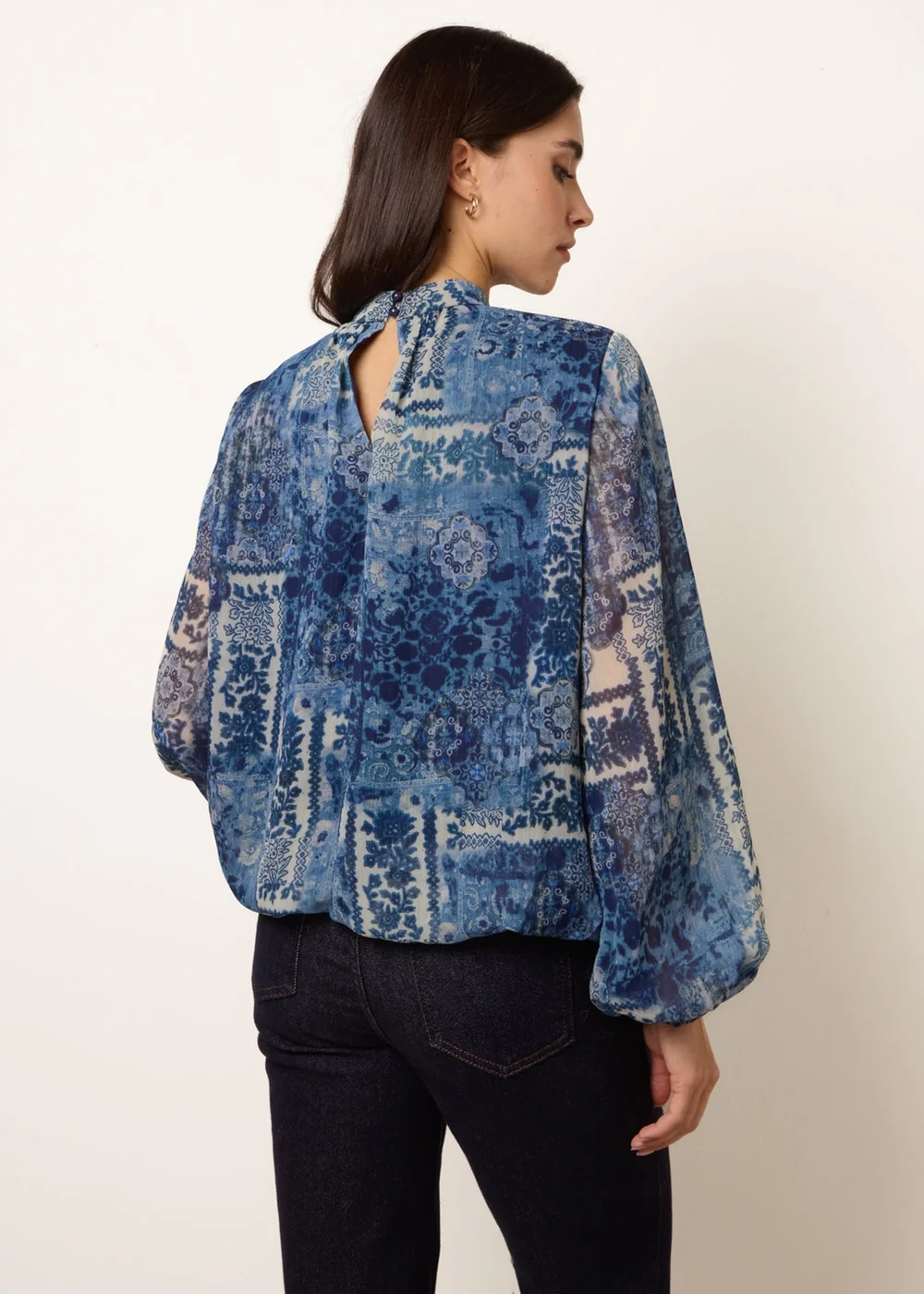 Blue Vanilla Navy High Neck Paisley Print Puffball Top - S Image 4
