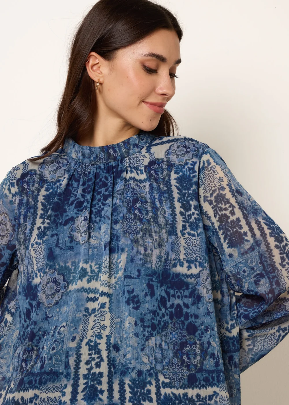 Blue Vanilla Navy High Neck Paisley Print Puffball Top - S Image 3