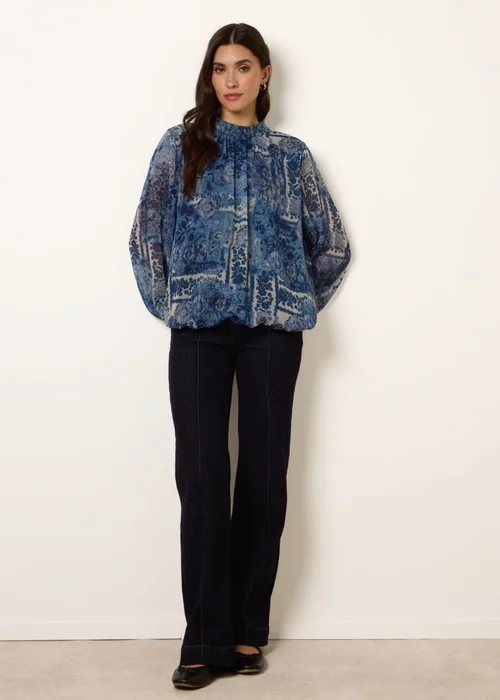 Blue Vanilla Navy High Neck Paisley Print Puffball Top - S Image 2