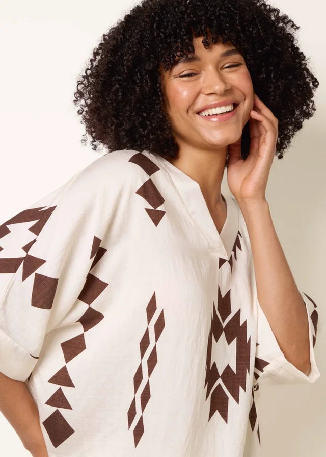 Blue Vanilla Beige Linen Geometric Print Top