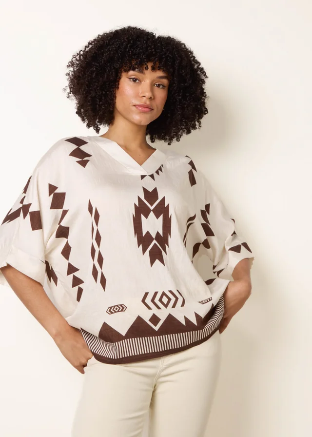 Blue Vanilla Beige Linen Geometric Print Top