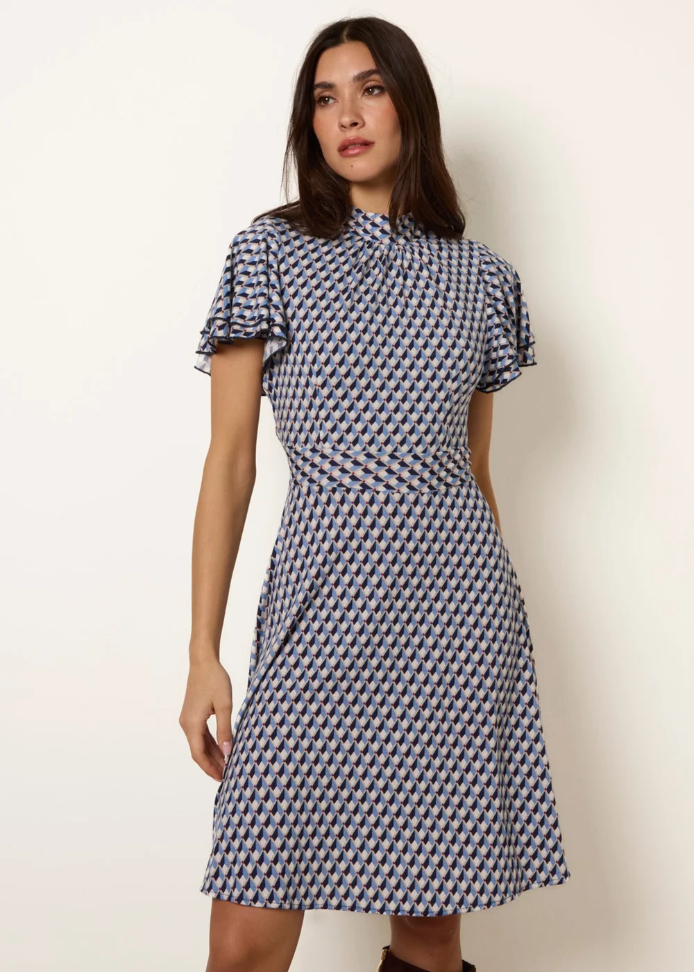 Blue Vanilla Multi High Neck Angel Sleeve Mini Dress - 16 Image 2