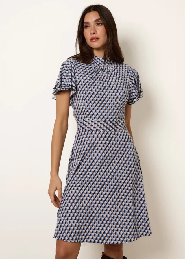 Blue Vanilla Multi High Neck Angel Sleeve Mini Dress