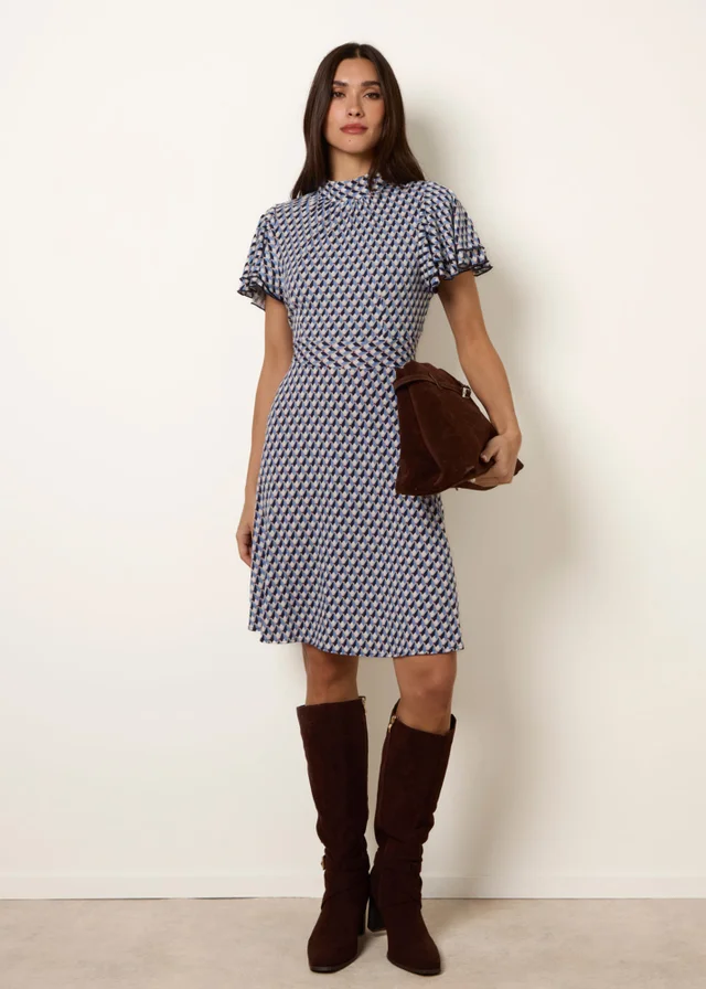 Blue Vanilla Multi High Neck Angel Sleeve Mini Dress