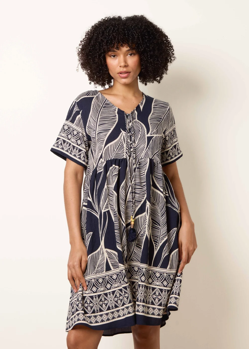Blue Vanilla Navy Dress With Tropical Leaf Print - M/L Image 2
