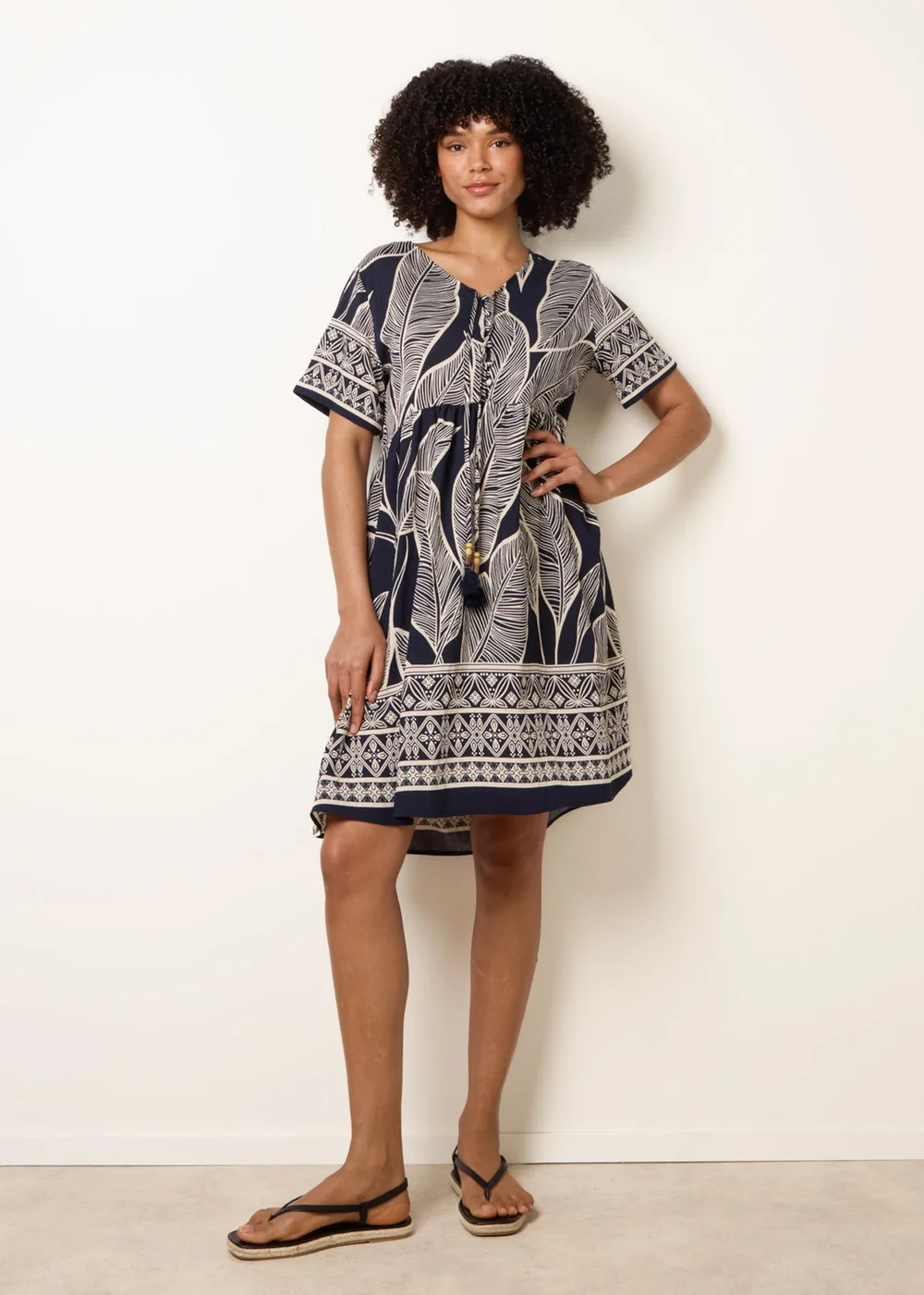 Blue Vanilla Navy Dress With Tropical Leaf Print - M/L Image 1