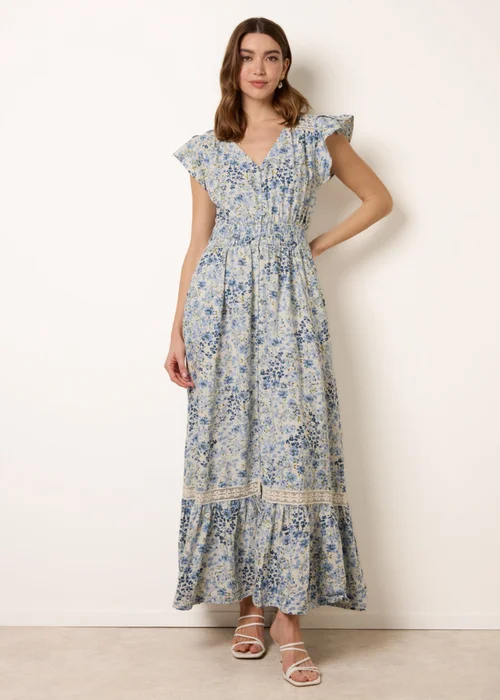 Blue Vanilla Blue Ditsy Floral Print Shirred Waist Button Front Maxi Dress - L Image 3