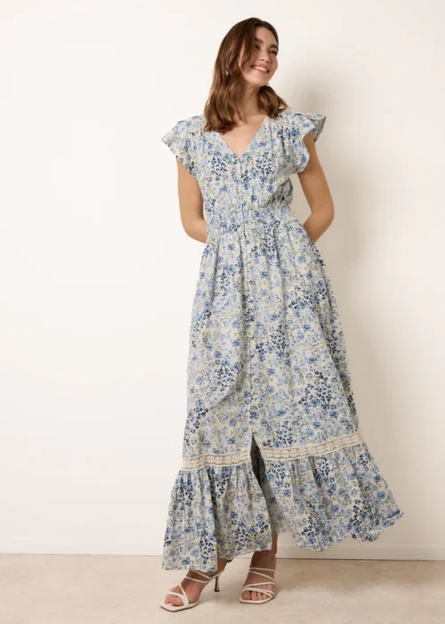 Blue Vanilla Blue Ditsy Floral Print Shirred Waist Button Front Maxi Dress - L Image 1