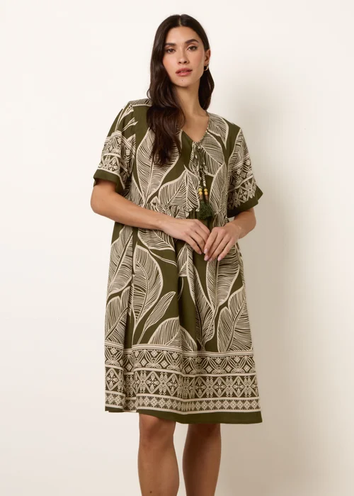 Blue Vanilla Khaki Dress With Tropical Leaf Print - S/M Image 2