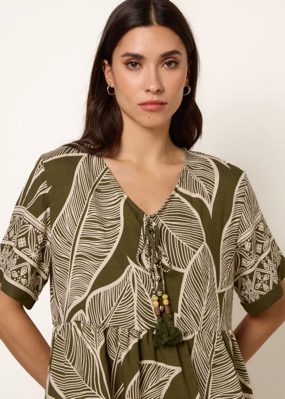 Blue Vanilla Khaki Dress With Tropical Leaf Print - S/M Image 3