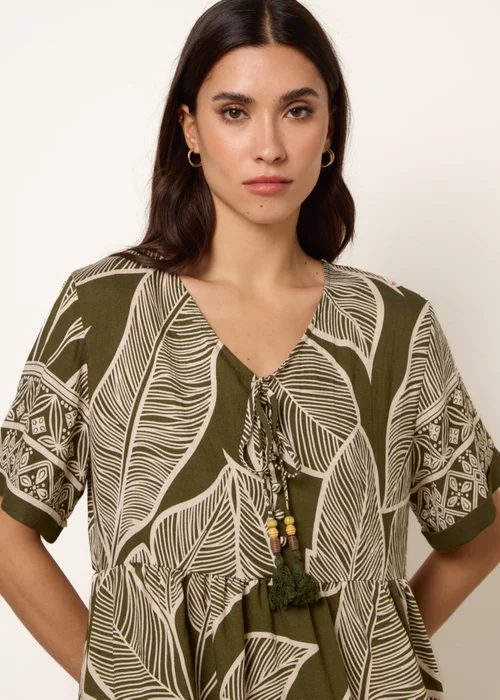 Blue Vanilla Khaki Dress With Tropical Leaf Print - S/M Image 3