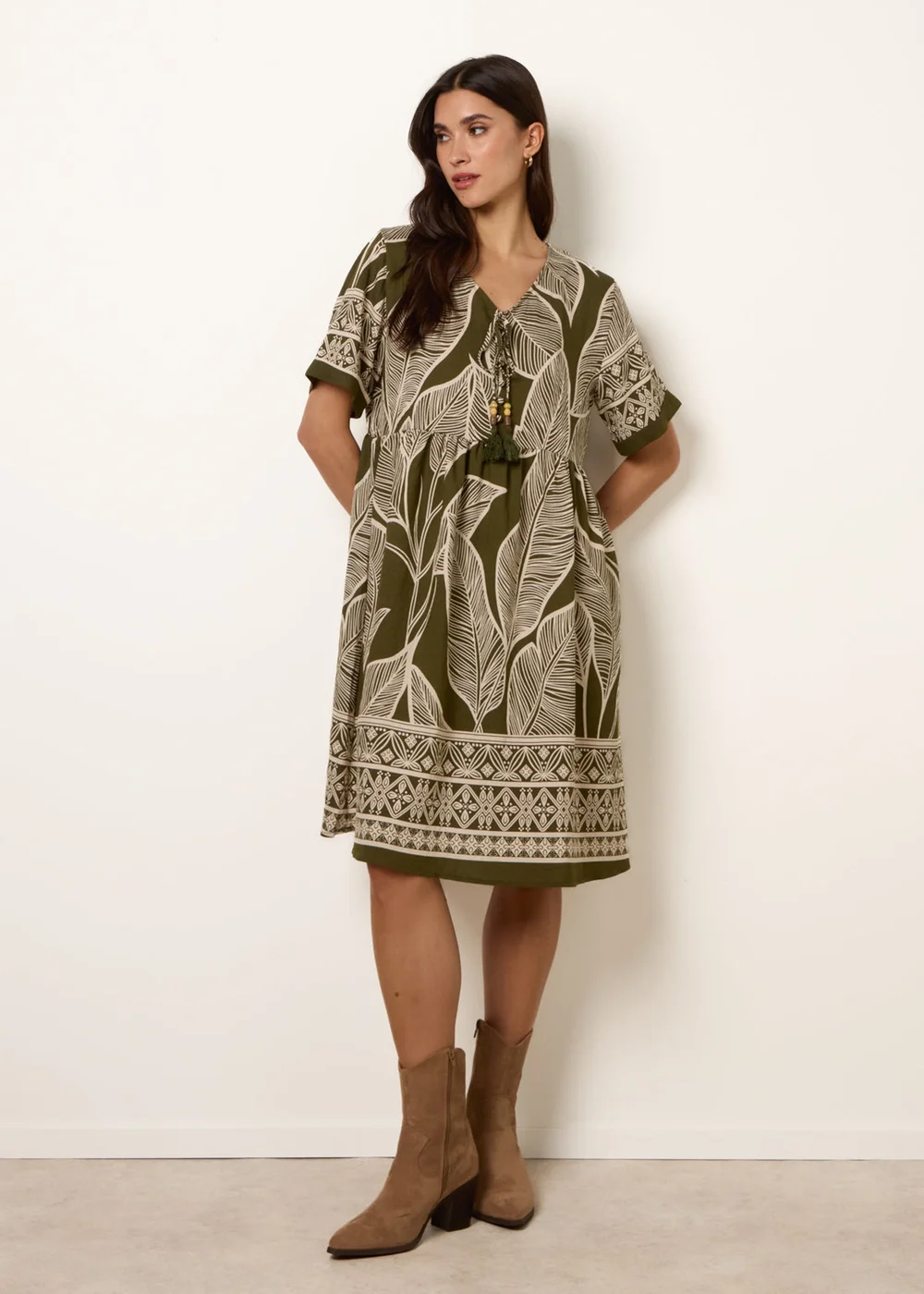 Blue Vanilla Khaki Dress With Tropical Leaf Print - S/M Image 1