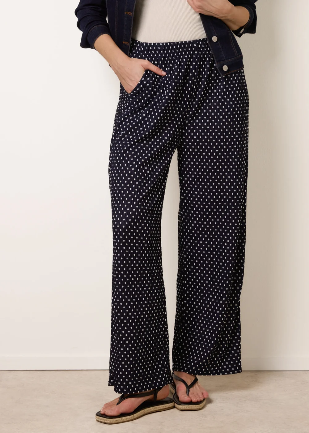 Blue Vanilla Navy Spot Print Crinkle Wide Leg Trousers - L Image 2