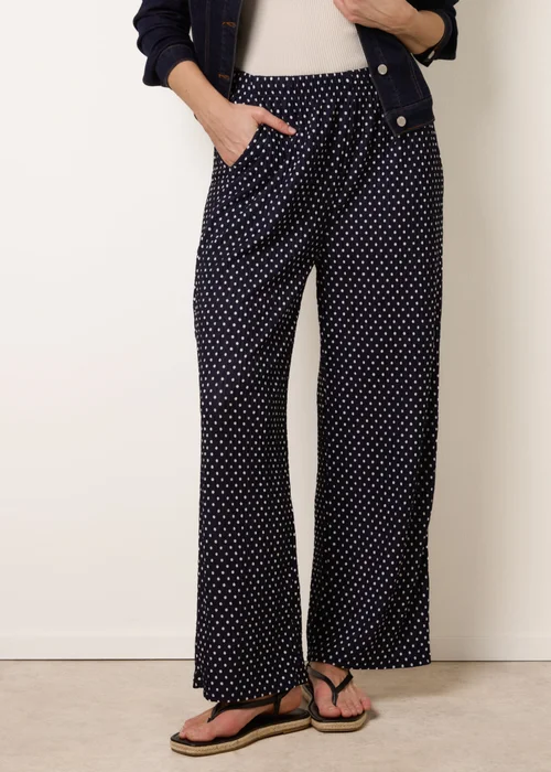 Blue Vanilla Navy Spot Print Crinkle Wide Leg Trousers - L Image 2