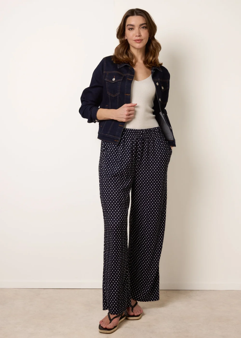 Blue Vanilla Navy Spot Print Crinkle Wide Leg Trousers - L Image 1
