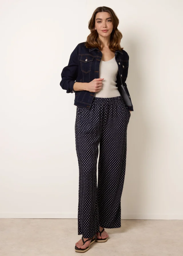 Blue Vanilla Navy Spot Print Crinkle Wide Leg Trousers