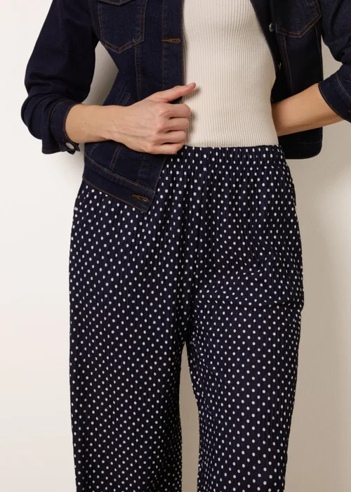 Blue Vanilla Navy Spot Print Crinkle Wide Leg Trousers - L Image 3
