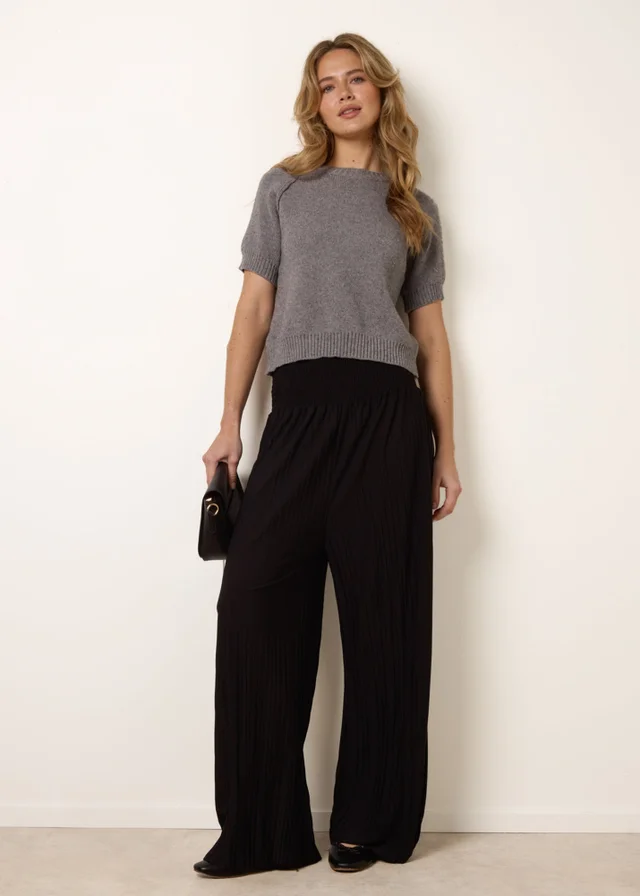 Blue Vanilla Black Shirred Waist Pleated Wide Leg Trousers