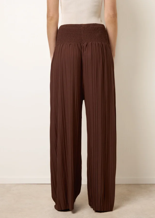 Blue Vanilla Brown Shirred Waist Pleated Wide Leg Trousers
