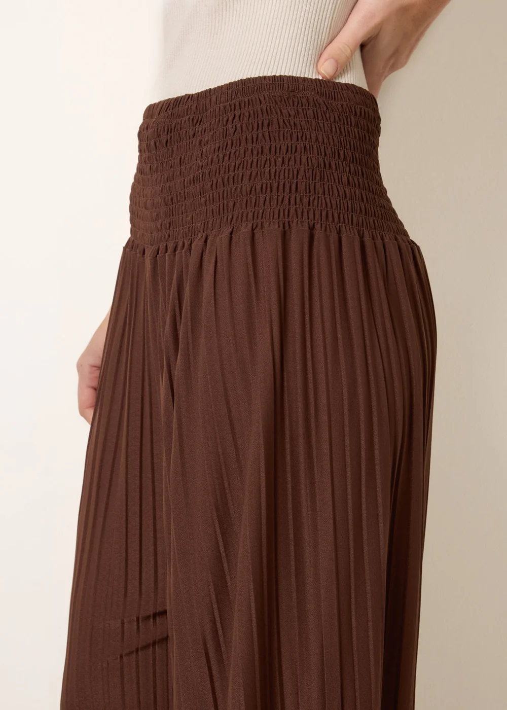 Blue Vanilla Brown Shirred Waist Pleated Wide Leg Trousers - One Size Image 3