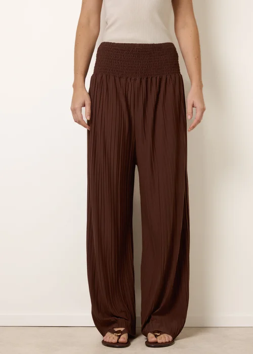 Blue Vanilla Brown Shirred Waist Pleated Wide Leg Trousers - One Size Image 4