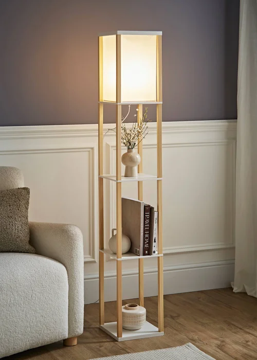 ValueLights Struttura Oak Wooden Shelves Floor Lamp - One Size Image 1