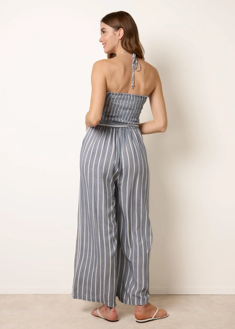 Blue Vanilla Blue Bardot Tie Neck Pinstripe Jumpsuit - L/XL Image 4